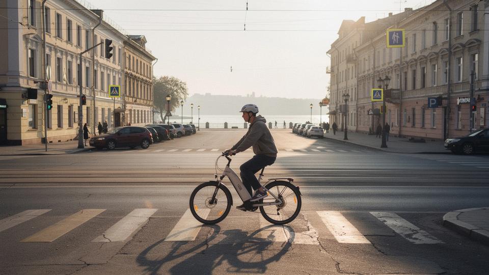 Rider on an electric bike crossing a Kyiv street towards the river embankment