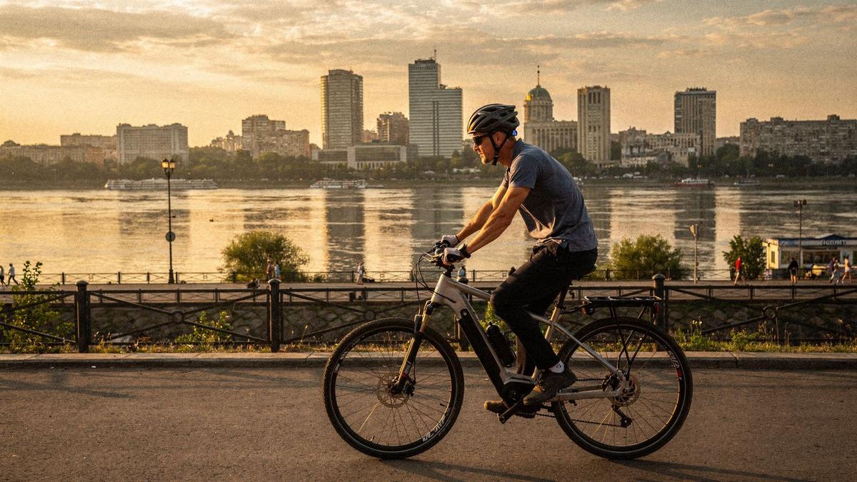 Rider on an e-bike on a riverside path in Kyiv
